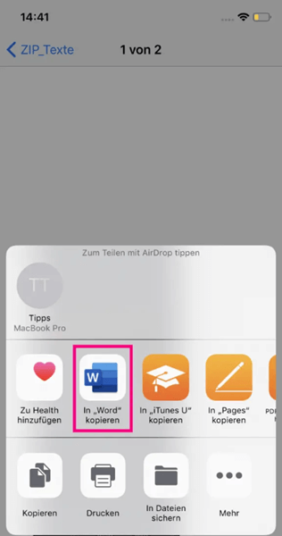 App für Bearbeitung der Zip-Datei auswählen