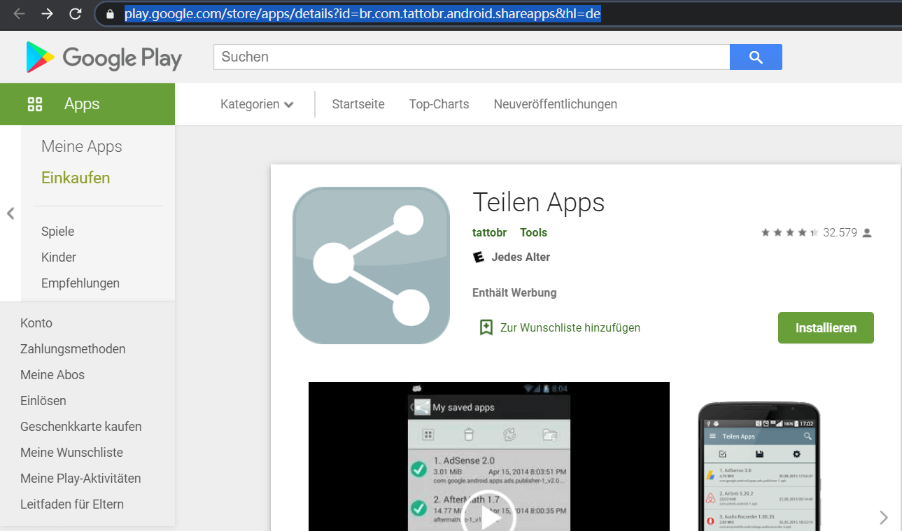 Apps teilen Google Play Store im Webbrowser