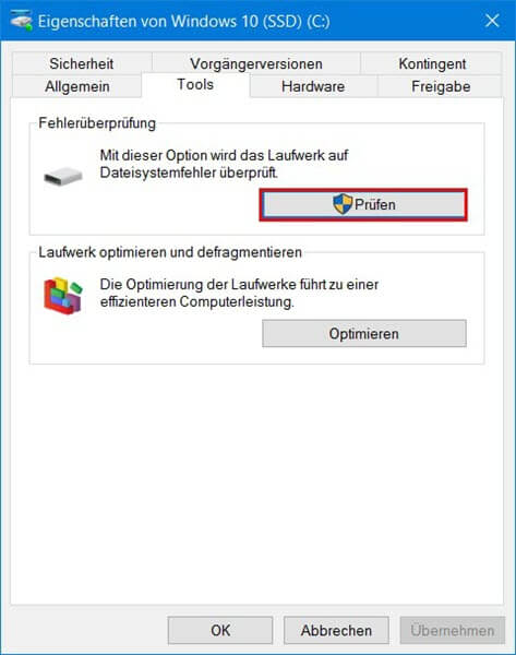 Fehlerüberprüfen der Festplatte Windows 10