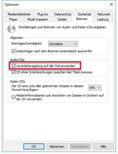 Lautstärkeregelung auf alle Titel anwenden deaktivieren Windows Media Player