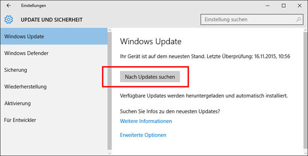 Nach Updates suchen Windows 10